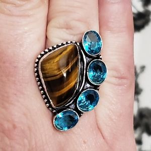 New Tiger Eye and Blue Topaz 925 Silver Ring.